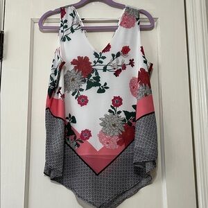 DR2 Asymmetrical Floral Blouse Red Black Sleeveless